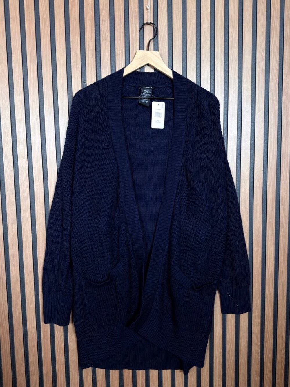 New Max Mia Sweater XXL Womens Blue Navy Ribbed Open Front 100% Cotton